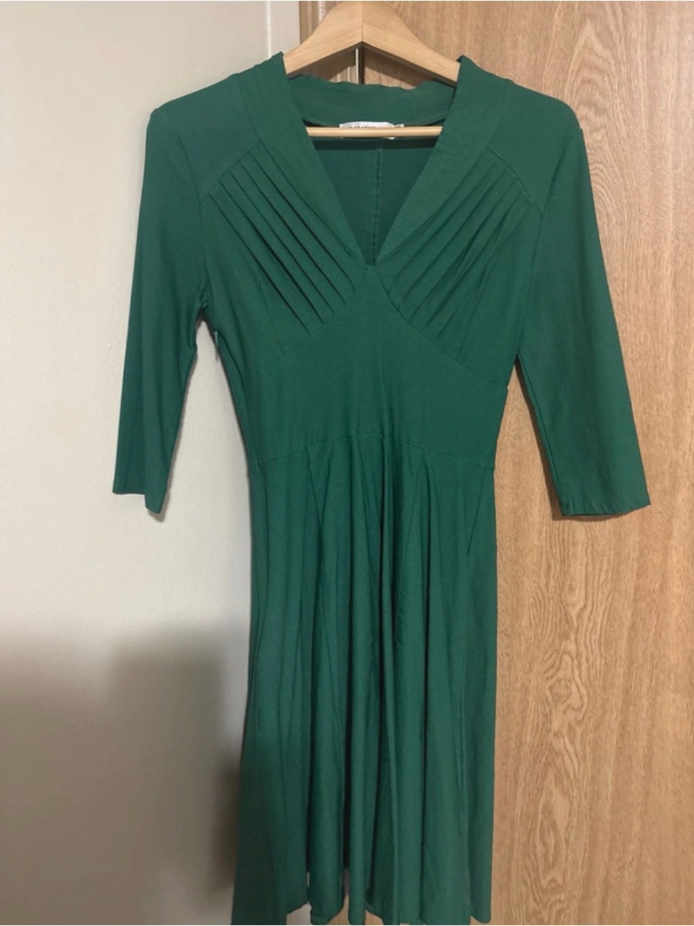 V-Neck Emerald Midi Dress with Pleated Bodice